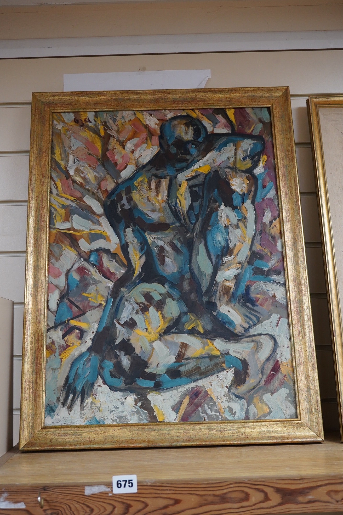 Arvind Oza (1928-2013), oil on board, 'Blue Figure', signed, various inscriptions verso, 59 x 43cm. Condition - good